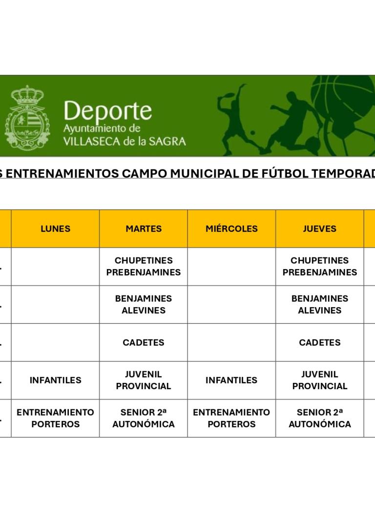 HORARIOS ENTRENAMIENTOS CAMPO MUNICIPAL DE FÚTBOL TEMPORADA 2025-26