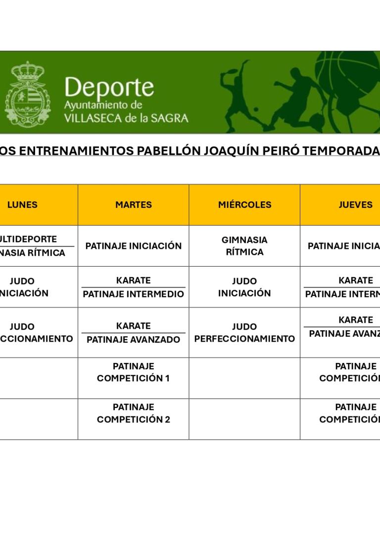 HORARIOS ENTRENAMIENTOS PABELLON JOAQUIN PEIRO TEMPORADA 2025-26