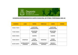 HORARIOS ENTRENAMIENTOS CAMPO MUNICIPAL DE FÚTBOL TEMPORADA 2025-26